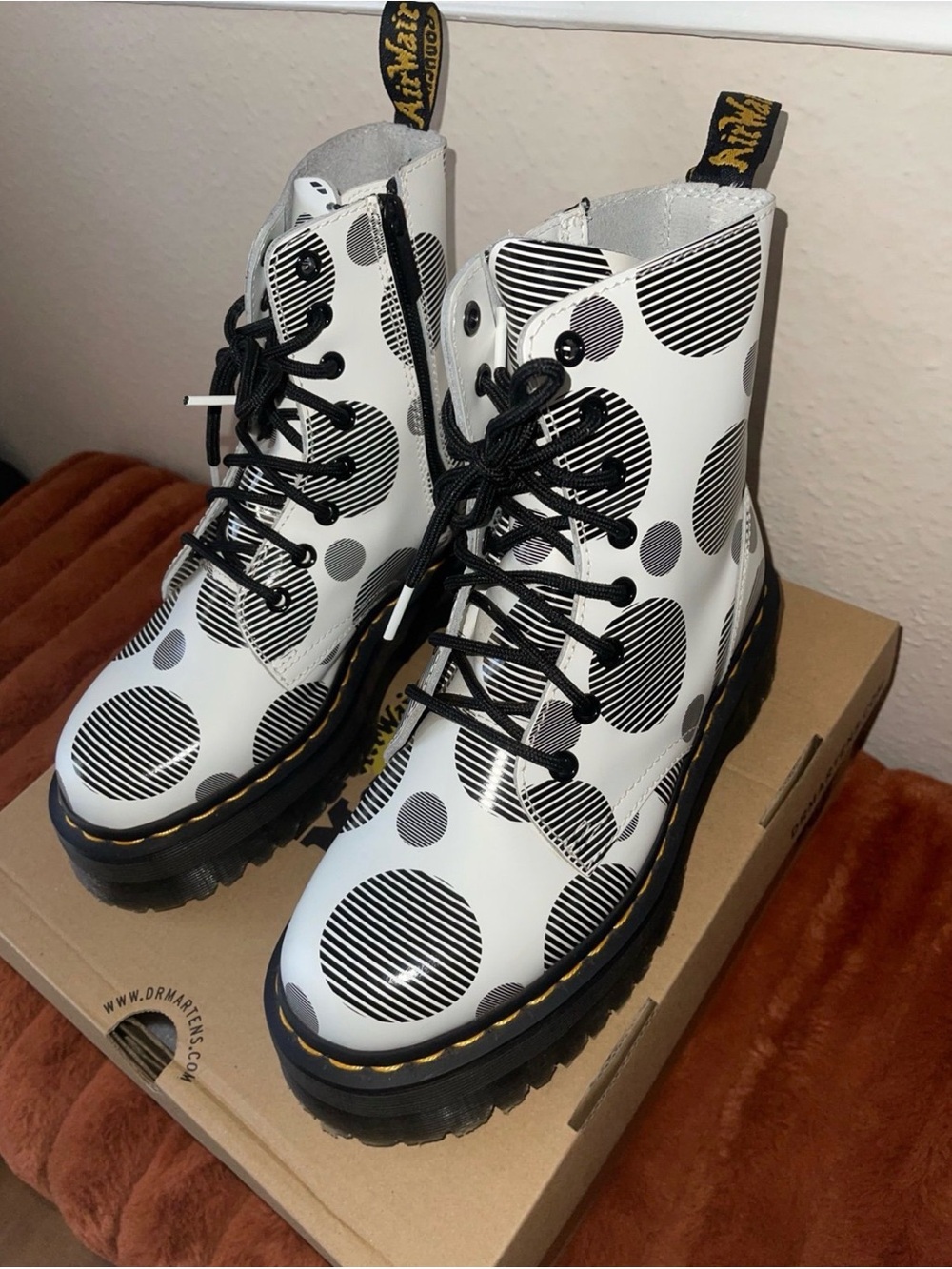 Dr. Martens Polka Dot Leather Combat Boots - White/Black